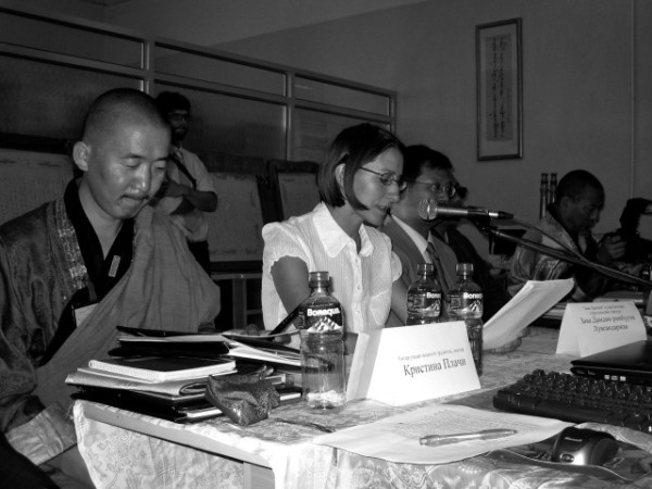 Krisztina Teleki reading her paper at the Zava Damdin Lama (left) 140th Birthday celebration Mongol Buddhist Studies Conference at the National Library of Mongolia in Ulaanbaator (2 September 2007) Photo: C.Pleteshner