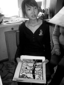 B. Enerel with one of her woodblock prints in the studio she still shares with her mother at the Mongolian Union of Artists’ (MUA) building in Ulanbaator 2008.
