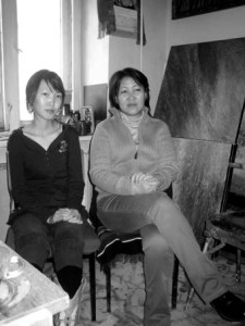 The Mongolian artist S. Gantsatstral (right) with her daughter B. Enerel (left) who is also a trained artist in their studio at the Mongolian Union of Artists building in Ulanbaator in 2008
