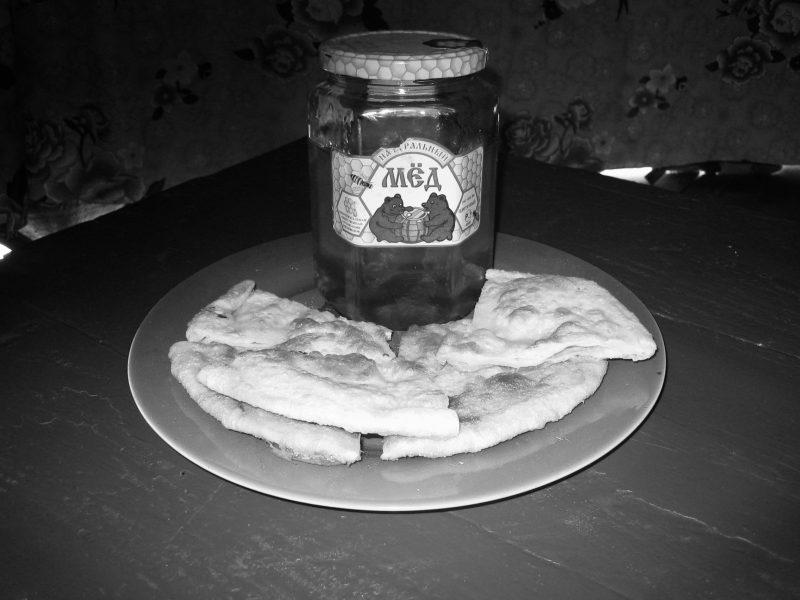 Plate note: Every morning at D.C. Eej would be in her kitchen ger before anyone else was up. With the help of one of the lams (her assistant for that day), she would assemble and knead the dough to produce freshly-made fried breads (boov). Variously shaped and knotted Bin (flour, salt , sunflower oil), Gambir (flour, sugar, sunflower oil) and Boortsog (a richer leavened dough, flour, yeast, milk, salt, sugar and clarified butter) were always to be found in an airtight container somewhere in her kitchen. Over many days and many subsequent visits to Mongolia as her guest, for me these would become a much looked-forward to comforting and delicious (late) breakfast to be consumed with milk tea (or in my case a generous vessel full of hot plunger coffee) as we together would plan out our respective work schedules for that day. Photograph by C.Pleteshner 27 August 2005.