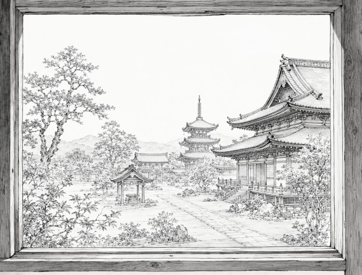 This pen-and-ink illustration, suggestive of a Japanese monastic precinct, was composed through text-guided image synthesis following human instruction. It is not based on a photograph of an actual place. It is an example of my using new drawing tools. I'm still thinking through how such images might sit on a page alongside Zava Damdin Rinpoche’s beautiful poetry. With this in mind, please receive the illustration not as a representation of the poem as a whole, but as a companion image drawn from one of its lines.C. Pleteshner, 25 June 2026.