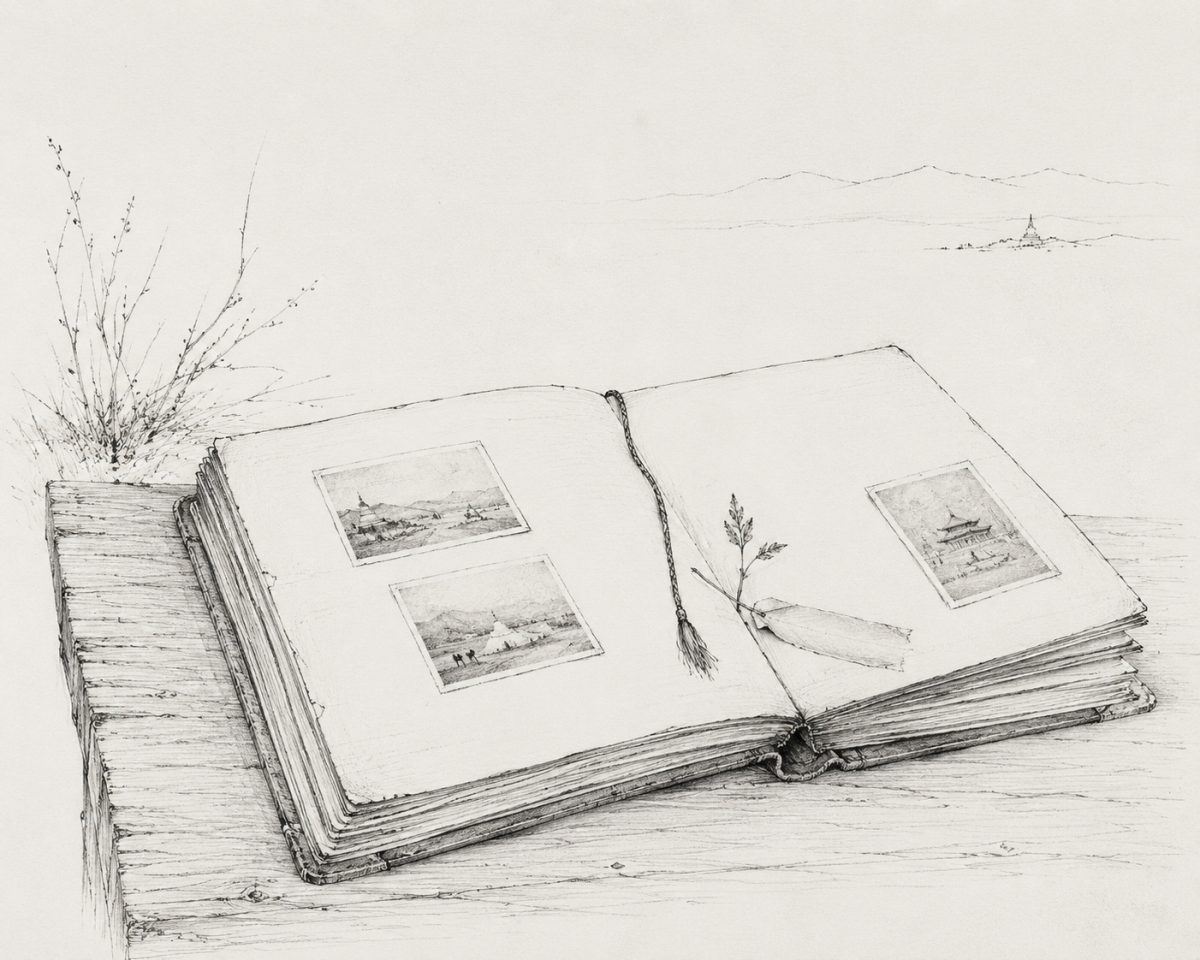 Plate Note: This monochrome pen-and-ink illustration was composed through human-guided AI image generation and subsequent compositional editing. It forms part of an early exploration into new drawing tools, and into how such images might quietly sit alongside Zava Damdin Rinpoche’s Mongolian Buddhist dohas on the page. These visual choices are still being tested through placement, scale, spacing, and relation to the text. For this reason, the illustration is not offered as an interpretation of the poem itself. C.Pleteshner 12 June 2026.