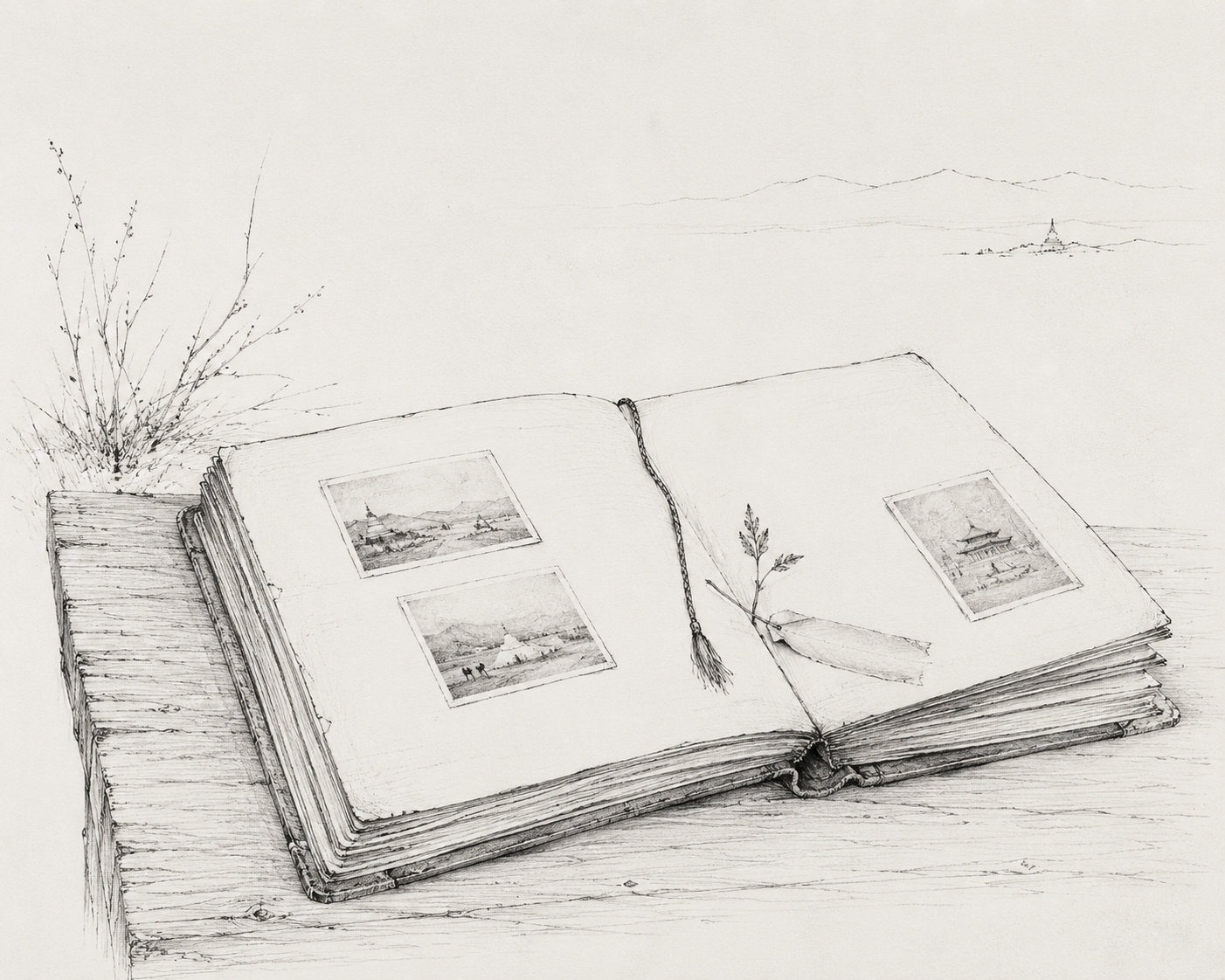 Plate Note: This monochrome pen-and-ink illustration was composed through human-guided AI image generation and subsequent compositional editing. It forms part of an early exploration into new drawing tools, and into how such images might quietly sit alongside Zava Damdin Rinpoche’s Mongolian Buddhist dohas on the page. These visual choices are still being tested through placement, scale, spacing, and relation to the text. For this reason, the illustration is not offered as an interpretation of the poem itself. C.Pleteshner 12 June 2026.
