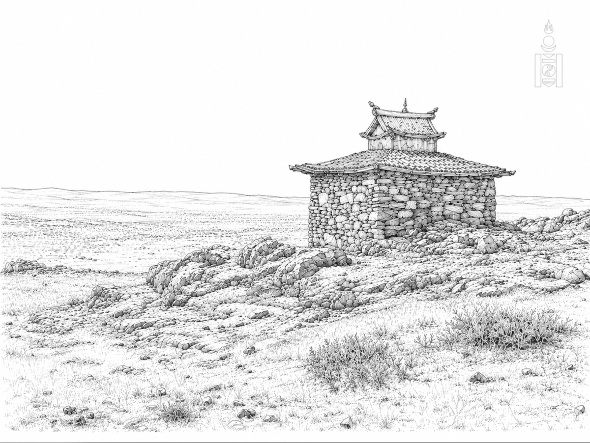 A digital pen-and-ink rendering from a photograph of the winter retreat hut of Zava Damdin (1867–1937), the prominent Khalkha Mongolian Buddhist abbot, polymath, historian, and philosopher. The stone hut was repaired and restored by Zava Damdin Rinpoche (b.1976) and his family in 2004. It still stands at Delgeriin Choira, Delgertsogt Sum, in Mongolia’s Gobi Desert. The view looks south, with east to the left and west to the right. Delgertsogt Mountain, with its lower slopes extends behind it. Photograph taken on 8 April 2011. CP archive. Photograph: C. Pleteshner.